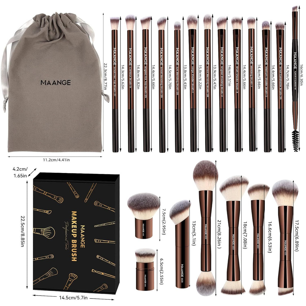 MAANGE 20 PCS Foundation Makeup Brush Set, Double-ended Kabuki Contour Brush for Liquid Powder Concealer Blending Blush Face Makeup Tools with Gift Box (Coffee)