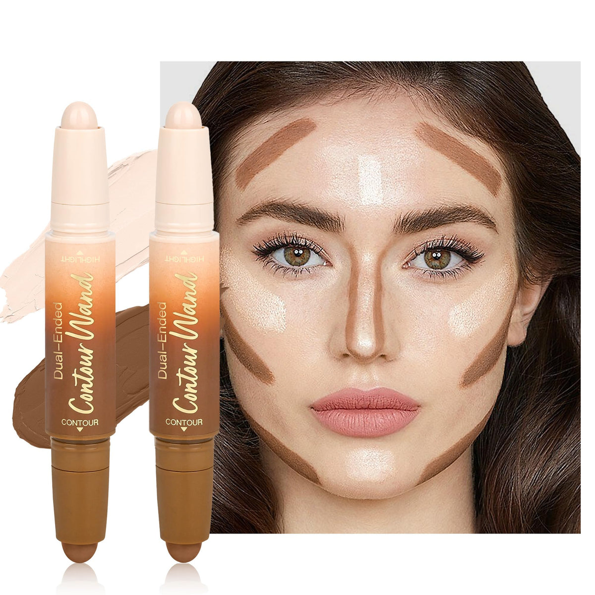 Contour Highlighter Stick，2-in-1 Dual-Ended Cream Bronzer & Highlighter Sticks Pen for Face Body Contouring Makeup- Buildable，Waterproof, Easy to Apply Suitable for Beginners，01Nuetral Nude + Beige