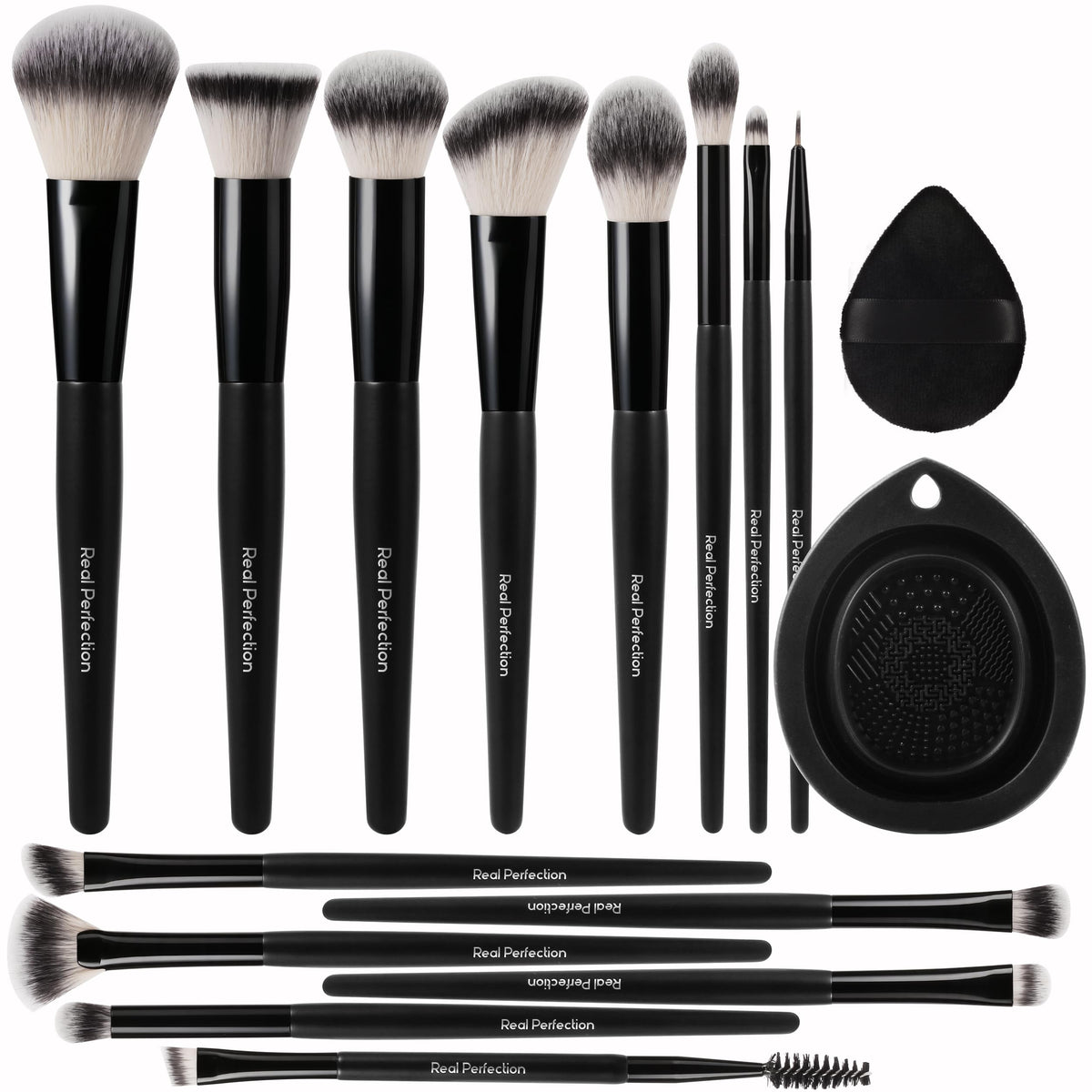 Real Perfection Makeup Brushes Set 14 Pcs with 1 Foldable Silicone Cleaner Bowl and 1 Powder Puff, Professional Foundation Eyeshadow Concealer Blush Powder Bronzer Make up Brushes Kit - Black