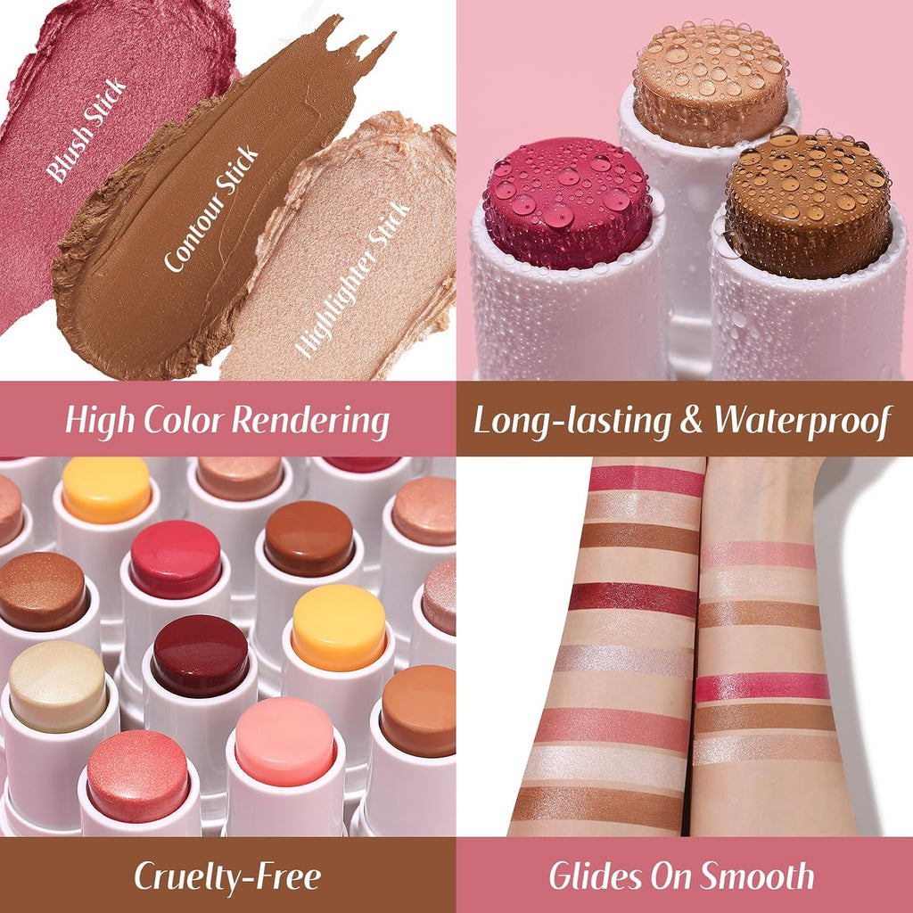 KIMUSE Face Sticks Trio, Blush, Highlighter & Contour Stick for Face Makeup