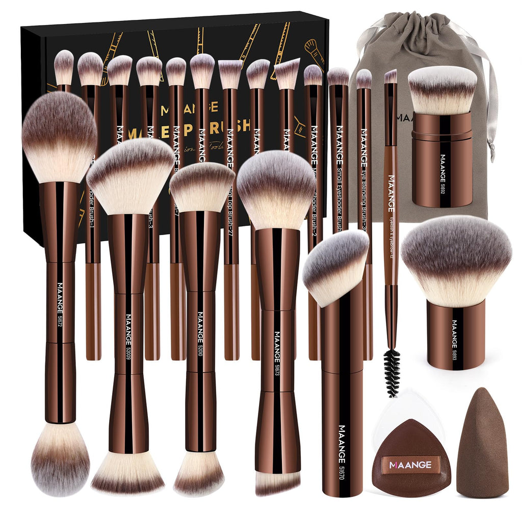 MAANGE 20 PCS Foundation Makeup Brush Set, Double-ended Kabuki Contour Brush for Liquid Powder Concealer Blending Blush Face Makeup Tools with Gift Box (Coffee)