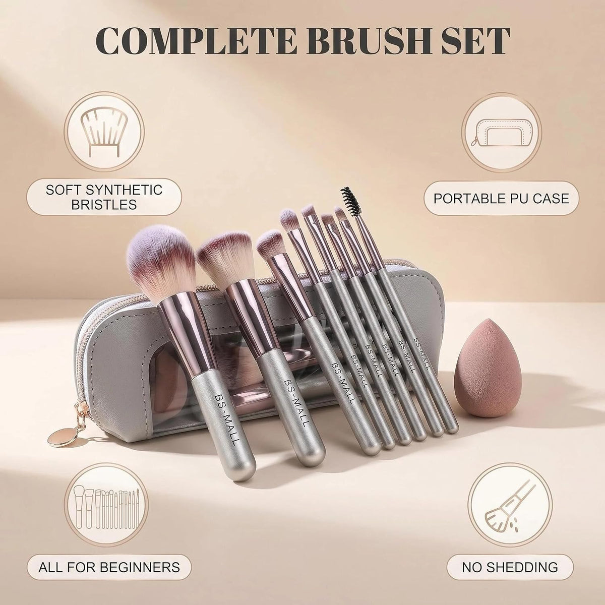 Travel Makeup Brush Set with Case & Sponge for Foundation Powder Blush 14