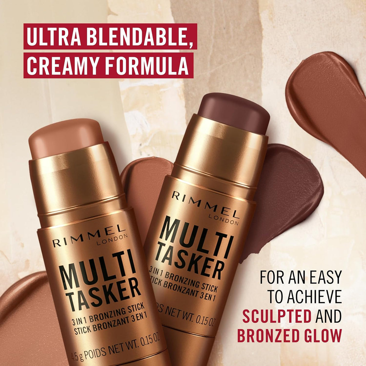 Rimmel Multi Tasker 3 in 1 Bronzing Stick, 002 Medium, Sculpted and Bronzed Glow, All-Day Wear, Sheer and Dewy Finish, Infused with Vitamin C & E, Vegan Formula, Cruelty-Free