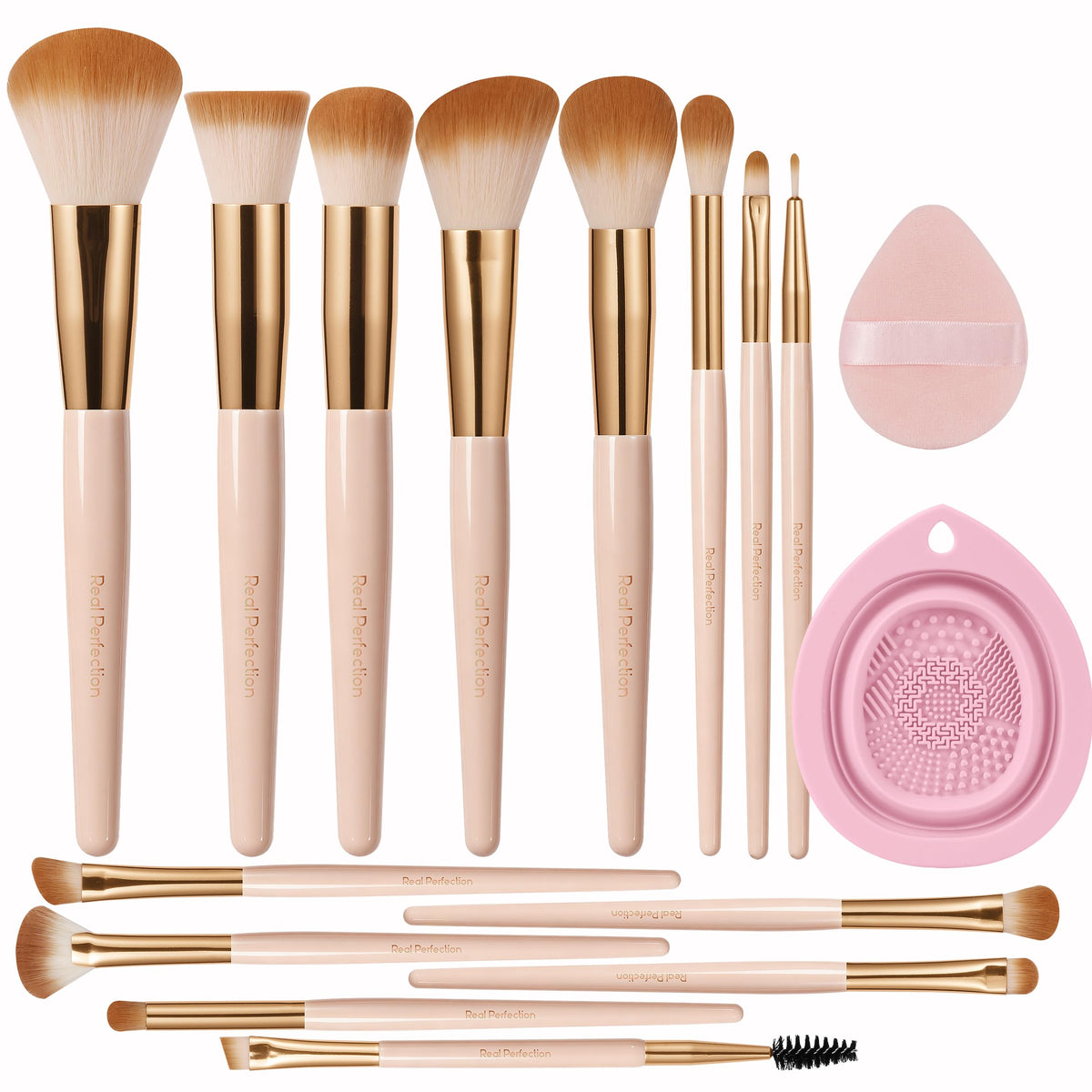Real Perfection Makeup Brushes Set 14 Pcs with 1 Foldable Silicone Cleaner Bowl and 1 Powder Puff, Professional Foundation Eyeshadow Concealer Blush Powder Bronzer Make up Brushes Kit - Black