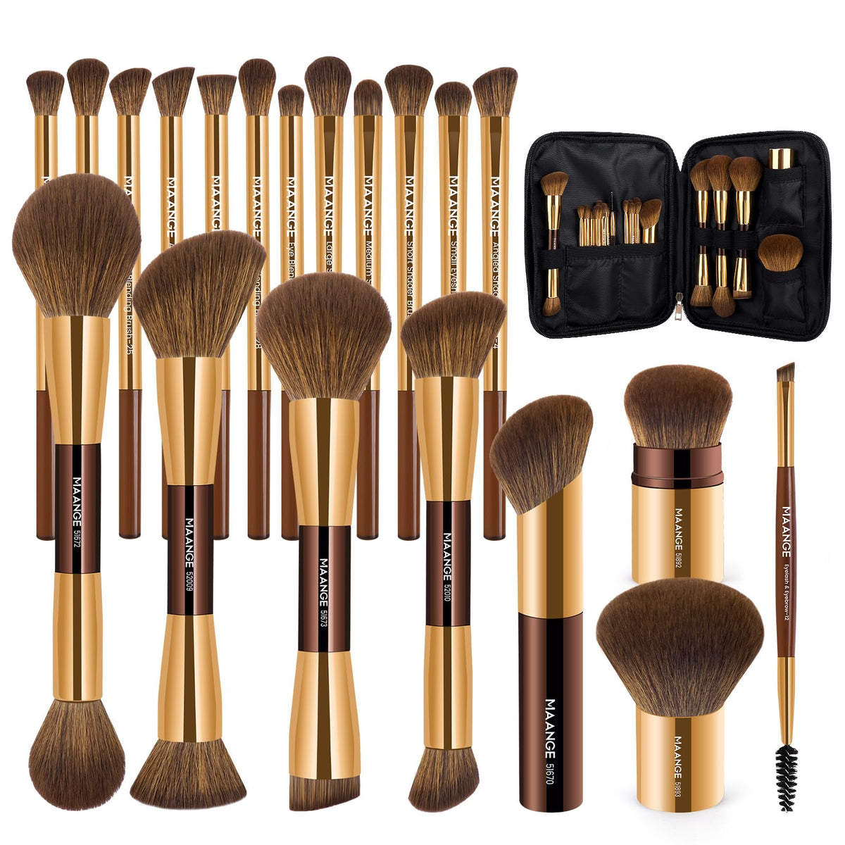 MAANGE 20 PCS Makeup Brush Set with Bag, Double-ended Kabuki Brush Foundation Contour Brush for Liquid Powder Concealer Eye Shadows Cream Cosmetics Blending Blush Face Makeup Tools with Case (Coffee)