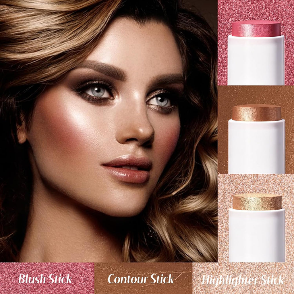 KIMUSE Face Sticks Trio, Blush, Highlighter & Contour Stick for Face Makeup