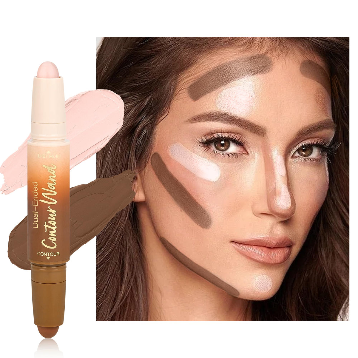 Contour Highlighter Stick，2-in-1 Dual-Ended Cream Bronzer & Highlighter Sticks Pen for Face Body Contouring Makeup- Buildable，Waterproof, Easy to Apply Suitable for Beginners，01Nuetral Nude + Beige