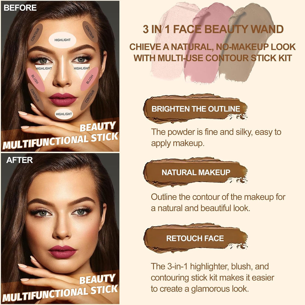 3Pcs Contour Stick Kit,Shades with Highlighter Blush Bronzer, LIGHT MEDIUM